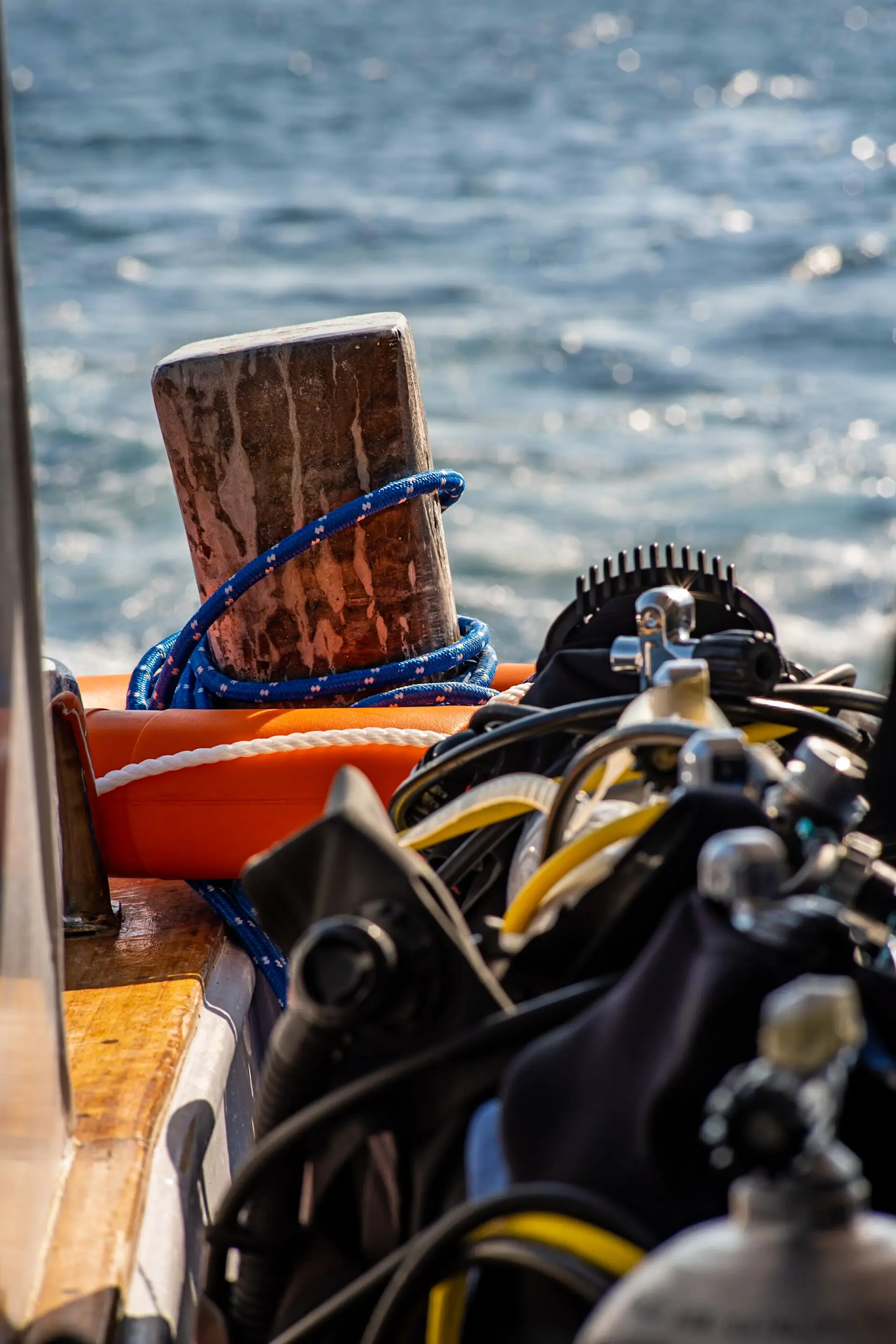Dive equipment arranged for checks before a coastal dive